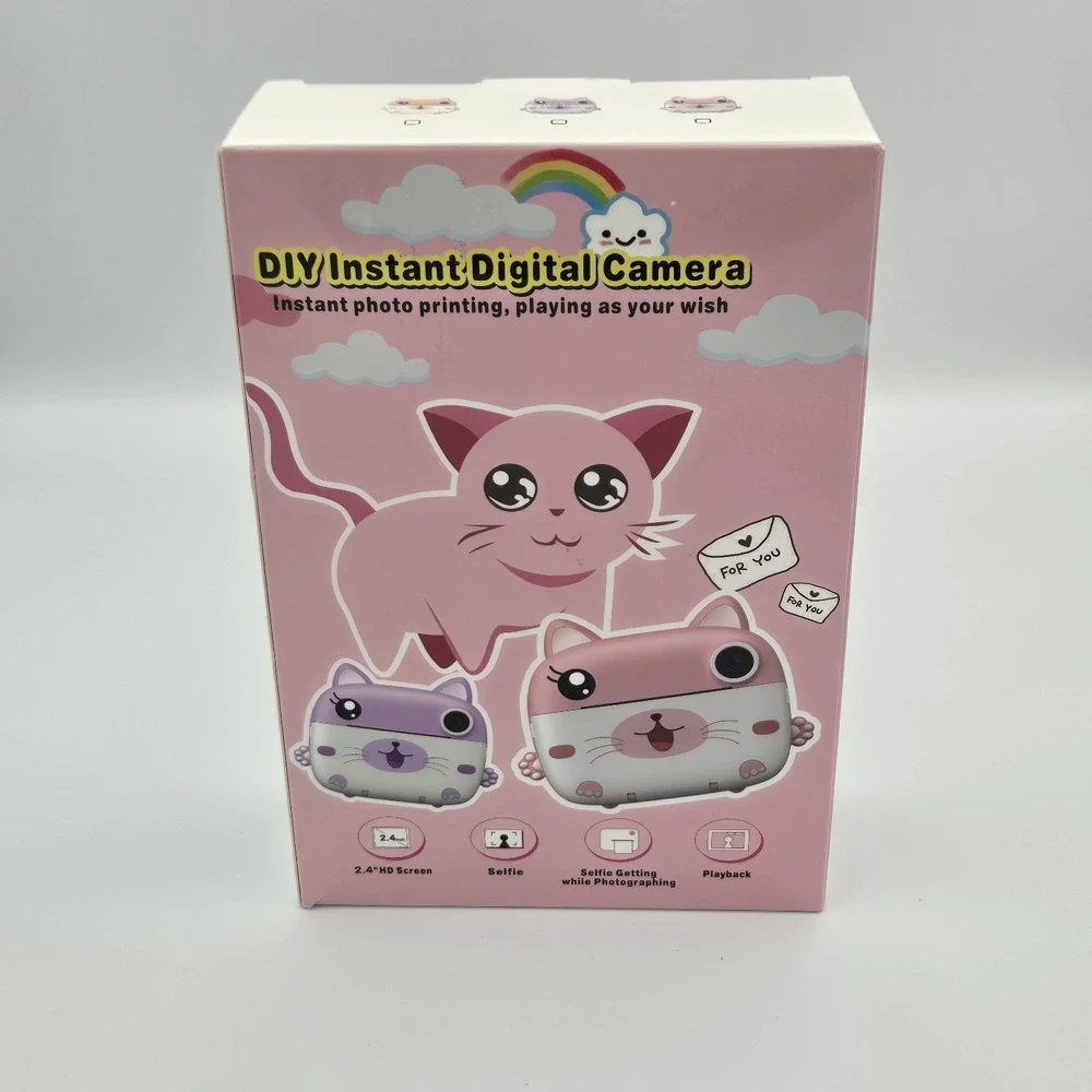 Instant Print Kids Digital Camera‎ & Video w/ Selfie Pink Cat 2.4 Screen & Paper